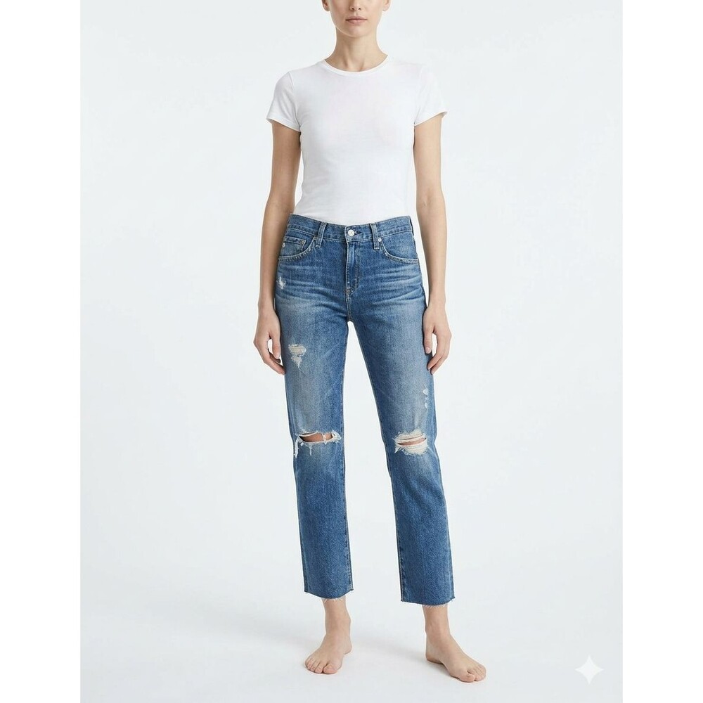 AG Denim Ex-Boyfriend Slouchy Slim Jeans Medium Wash Distressed Raw Hem Size 27